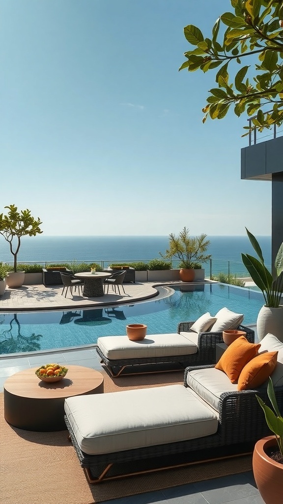 Elegante und nachhaltige Gartenmöbel auf einer Dachterrasse mit Meerblick