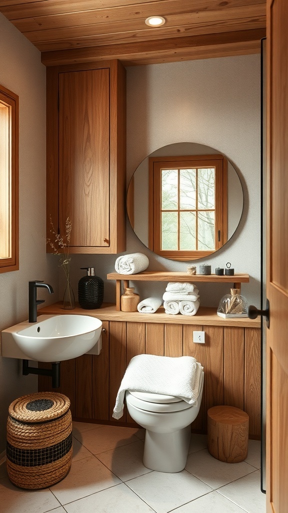 Luxuriöses Badezimmer mit Naturholz-Elementen und modernen Sanitäranlagen