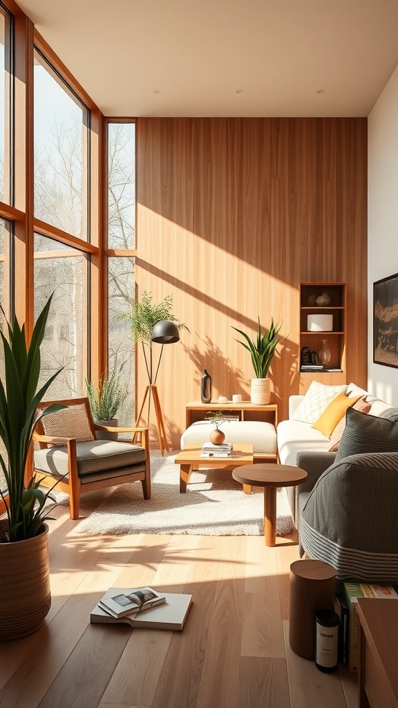 Ein gemütlicher Raum mit großen Fenstern, Holzverkleidung und minimalistischen Möbeln.