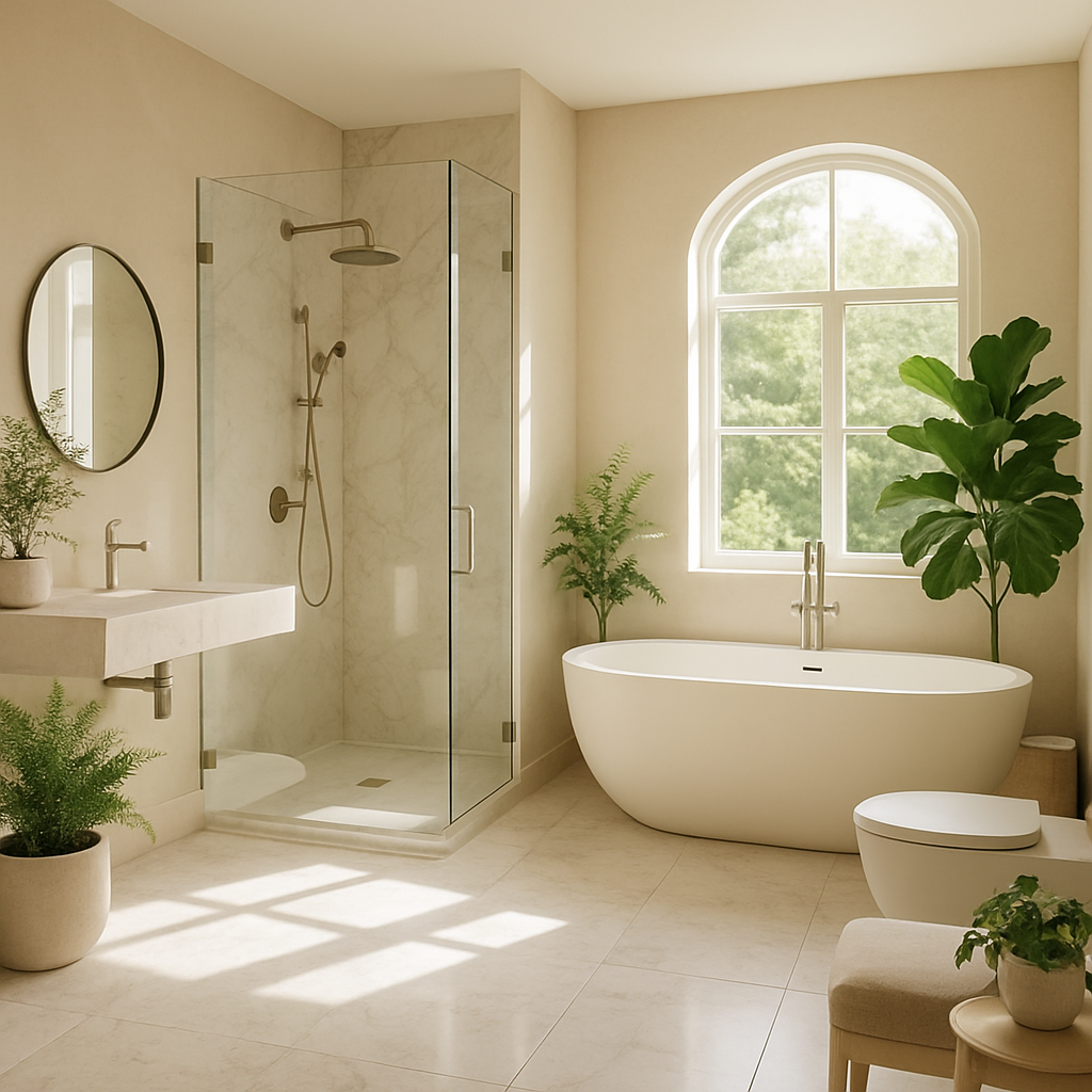 Ein modernes Badezimmer mit Pflanzen, freistehender Badewanne und Dusche.