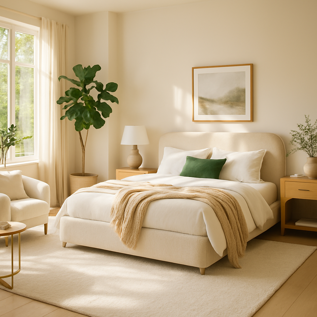 Ein helles, naturinspiriertes Schlafzimmer mit Pflanzen, neutralen Farben und gemütlicher Bettwäsche.