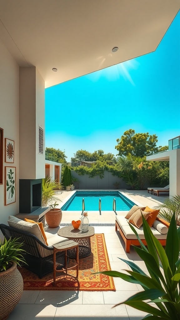 Ein einladender Außenbereich mit einem Pool, Pflanzen und gemütlichen Möbeln, der Urlaubsflair vermittelt.