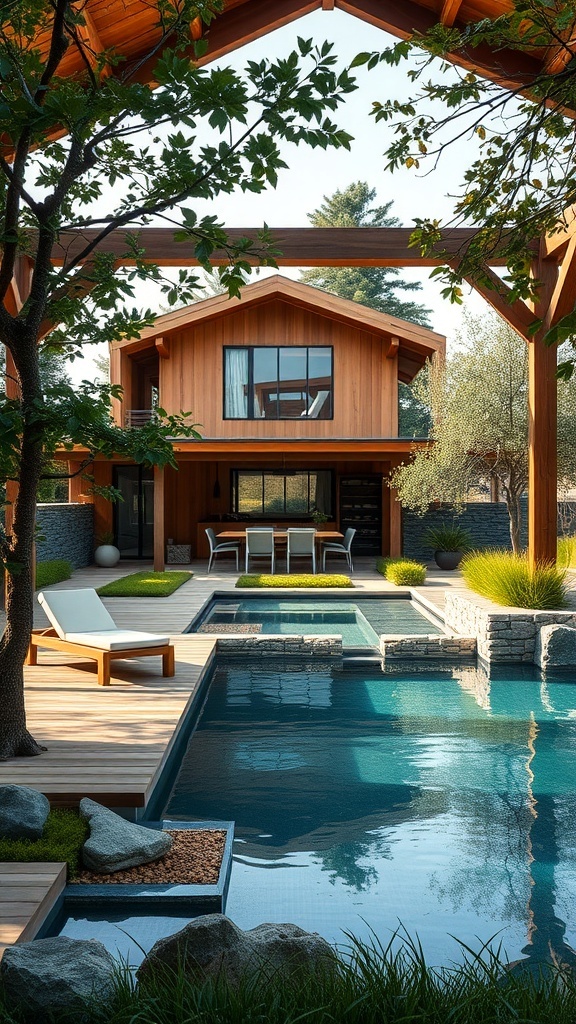 Ein modernes Haus mit Holzverkleidung und einem Pool, umgeben von Natur