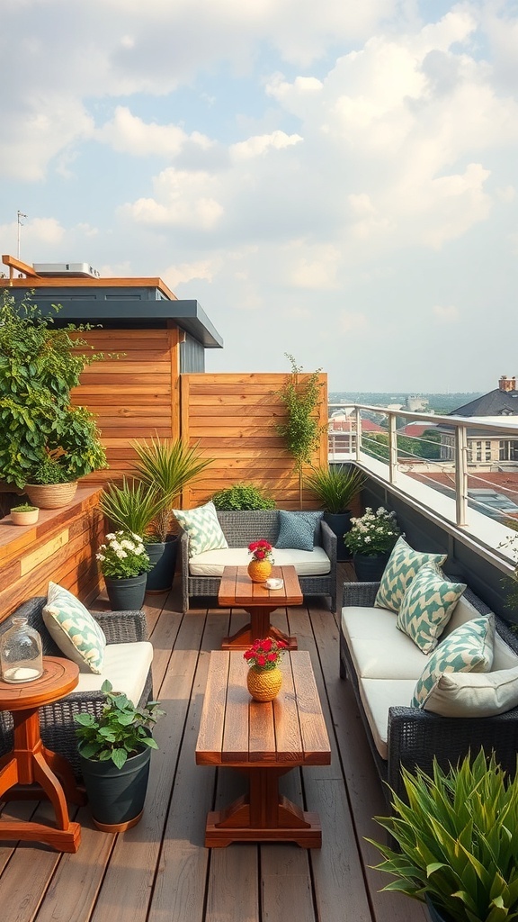 Gemütliche Dachterrasse mit Holzverkleidung, Pflanzen und bequemen Sitzmöbeln