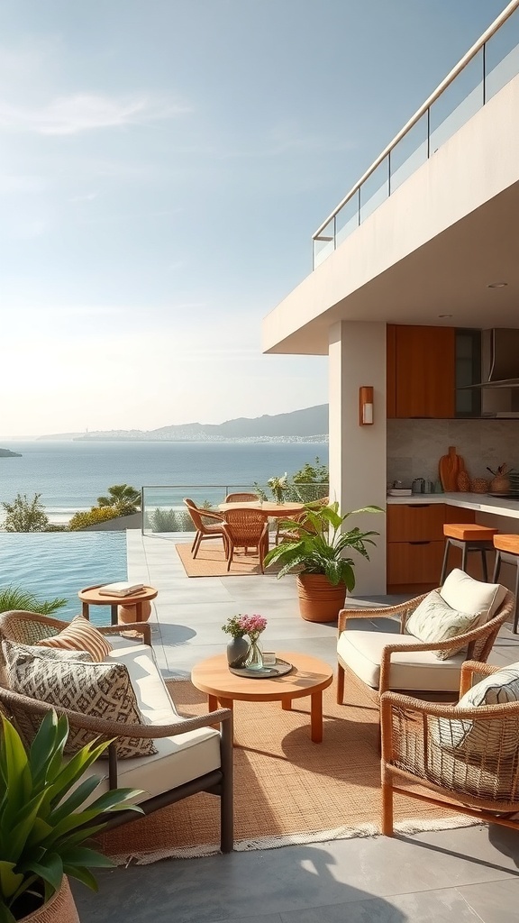 Terrasse mit Holz- und Rattanmöbeln, Pflanzen und Blick auf das Wasser