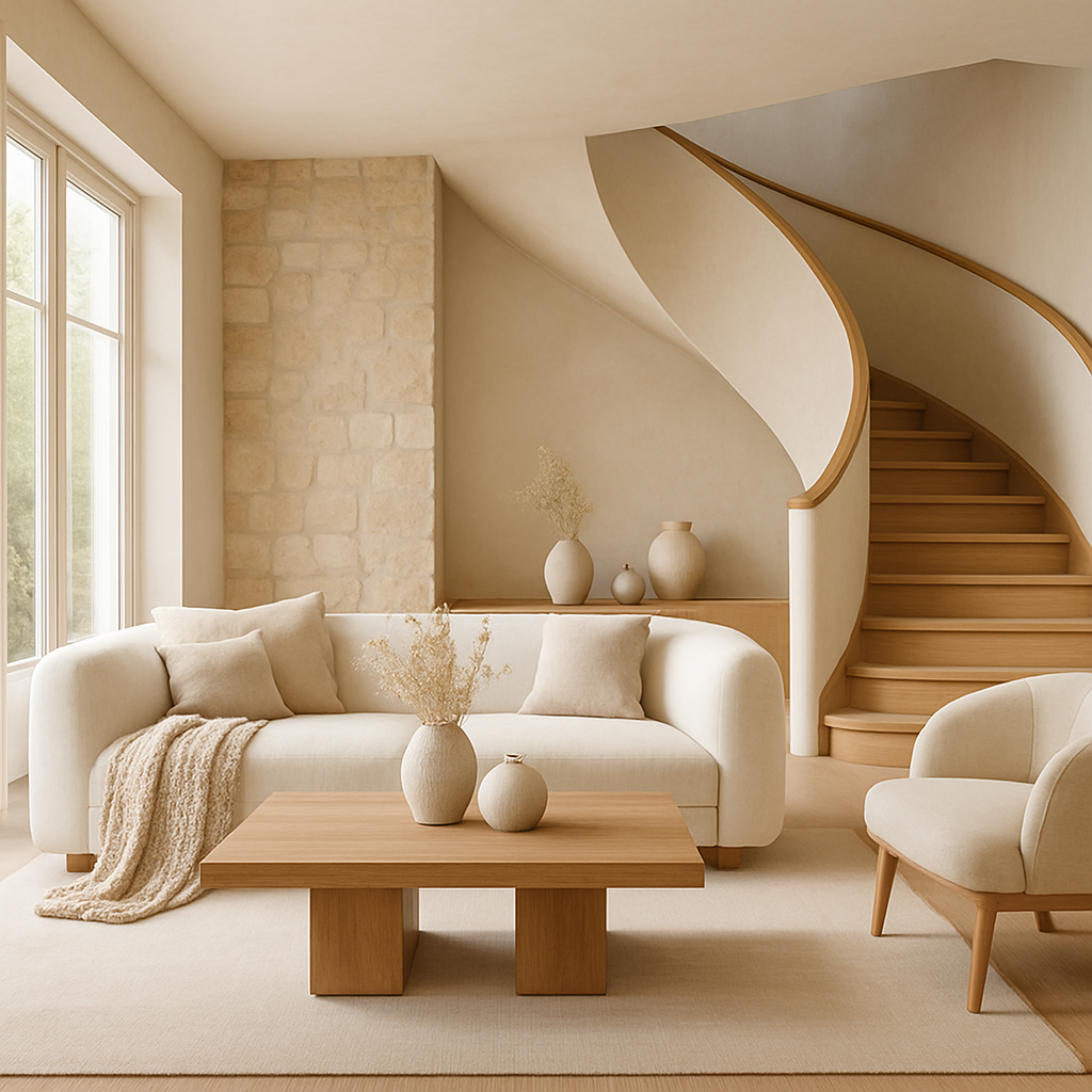 Modernes Wohnzimmer mit Naturmaterialien, Holztreppe und neutralen Farben