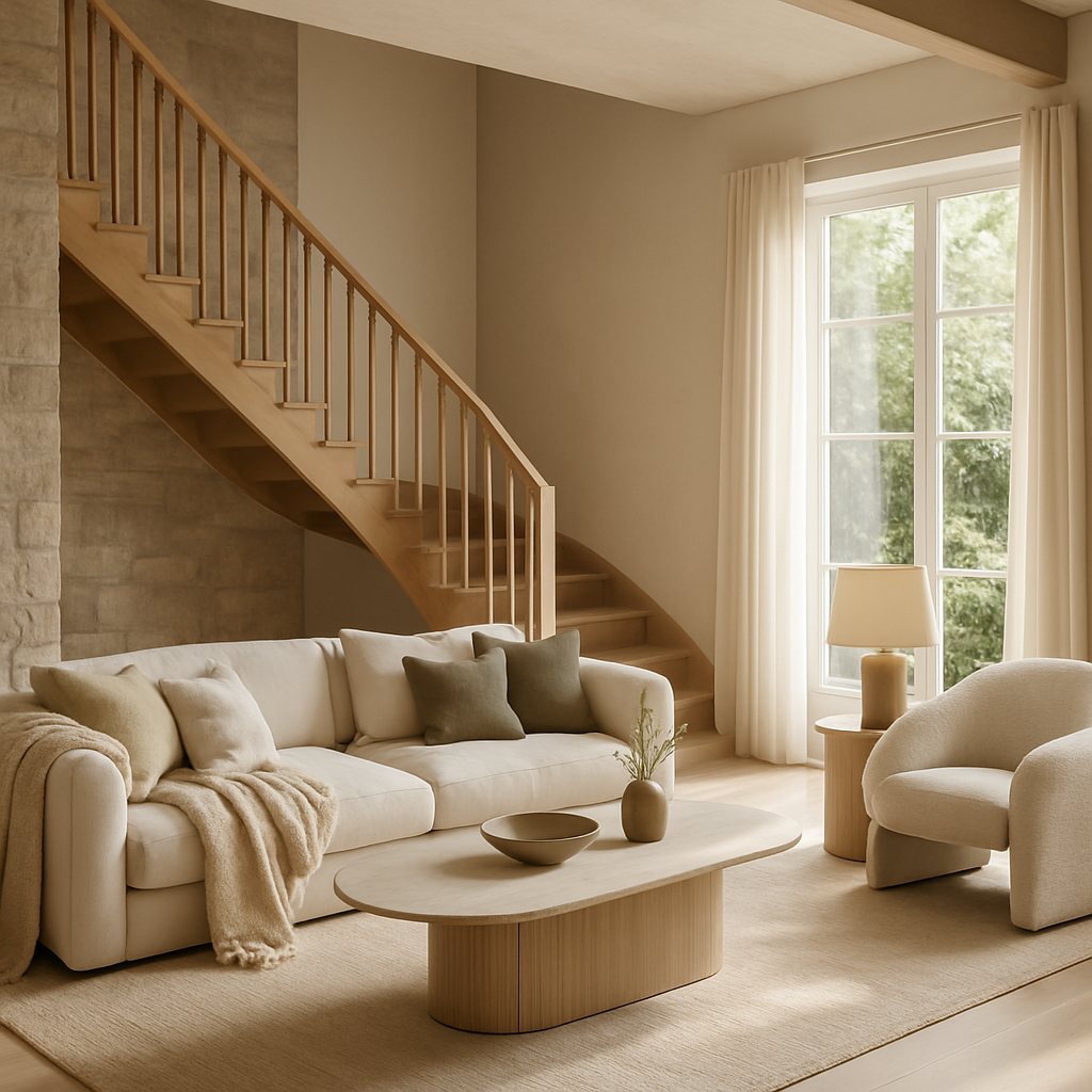 Ein stilvolles Wohnzimmer mit Holztreppe, beigem Sofa, natürlichen Materialien und viel Licht.
