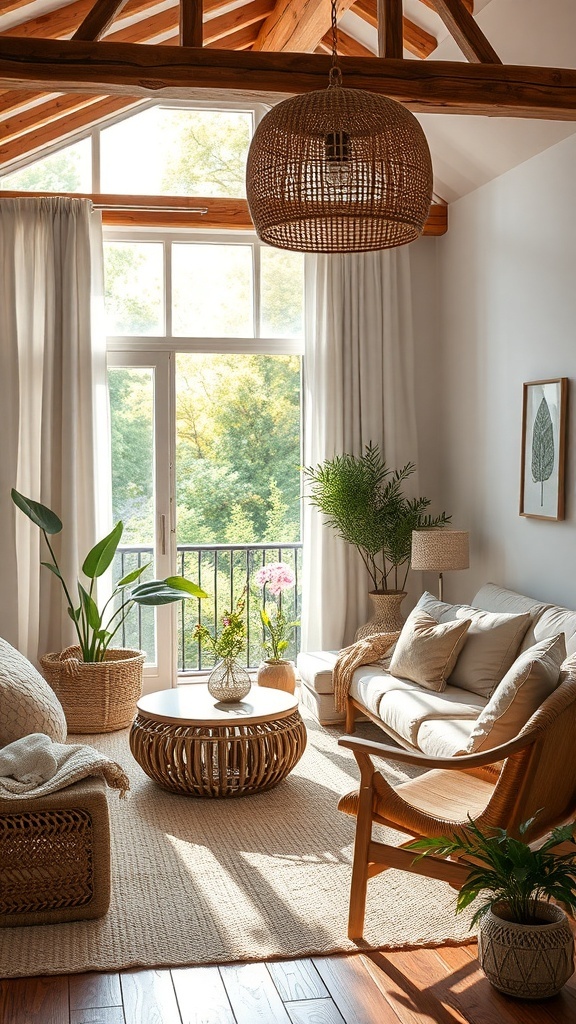 Gemütlicher Raum mit Naturmaterialien, großen Fenstern und Pflanzen.