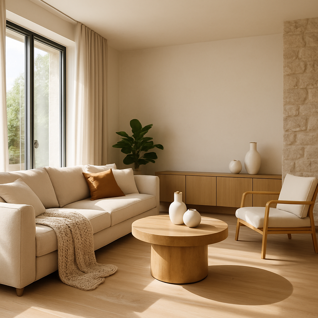 Ein minimalistisches Wohnzimmer mit einem beigen Sofa, einem runden Holztisch und einer grünen Pflanze.