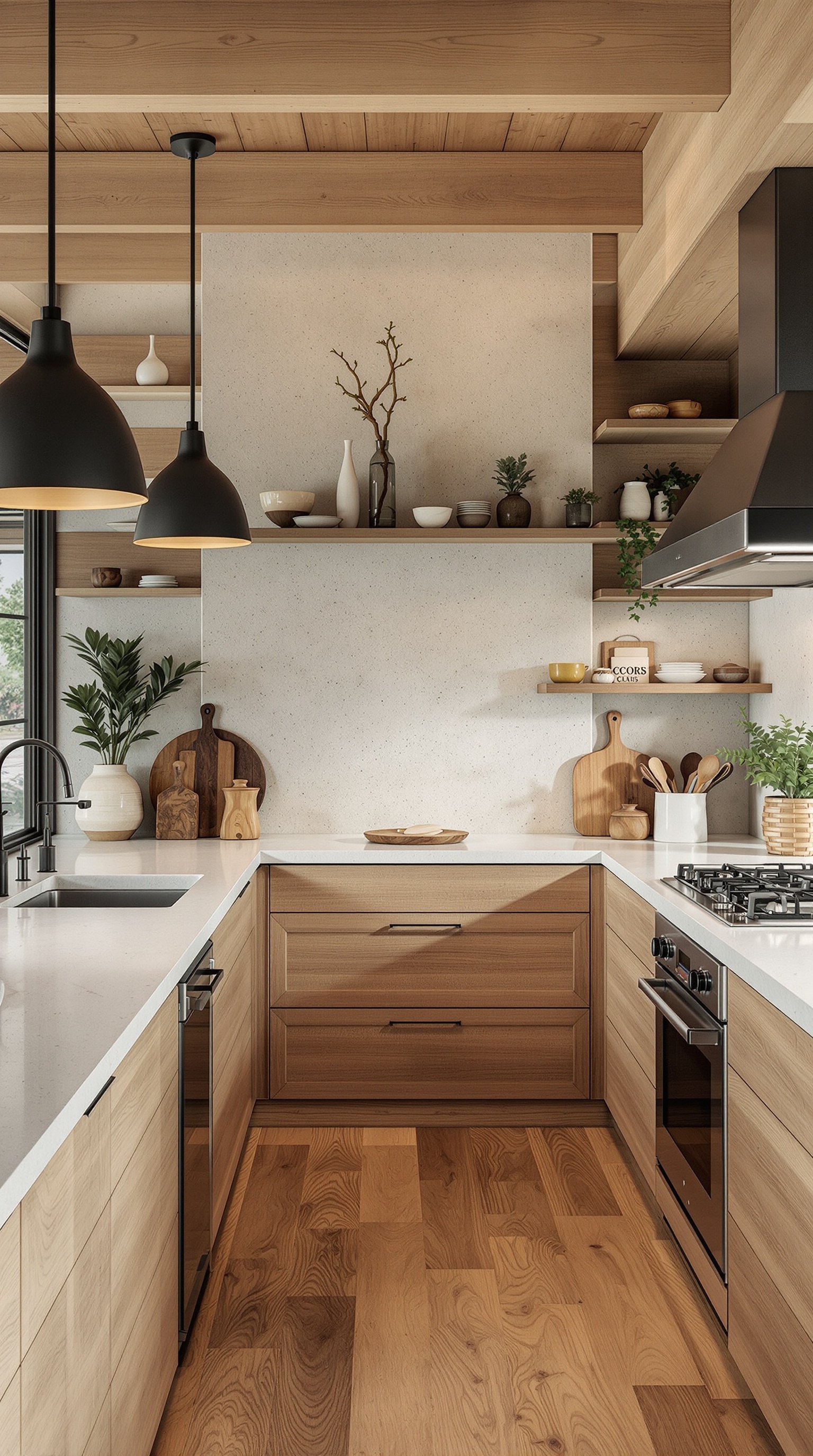 Moderne Küche mit Holzmöbeln, Marmoroberfläche und offenen Regalen