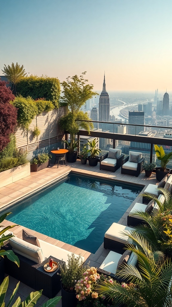 Dachgarten mit Pool und Pflanzen, Blick auf die Stadt