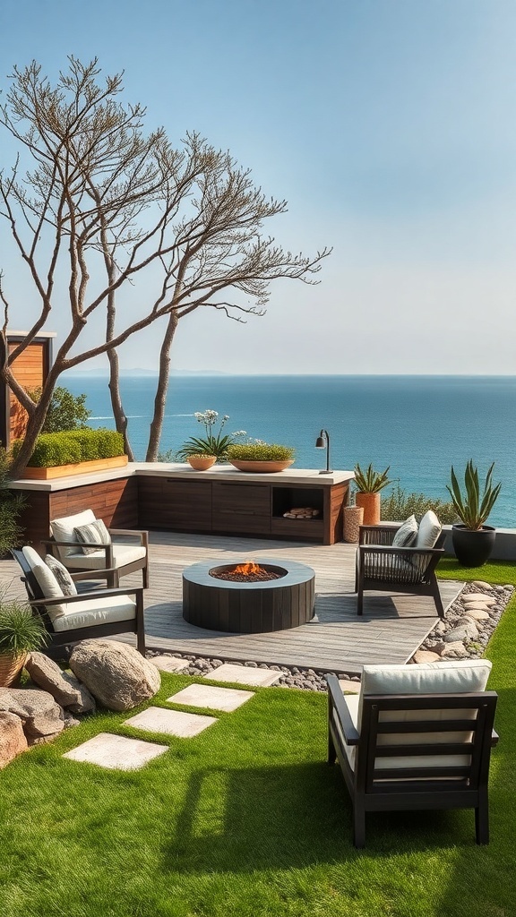 Moderne Outdoor-Lounge mit Feuerplatz und Blick auf das Wasser