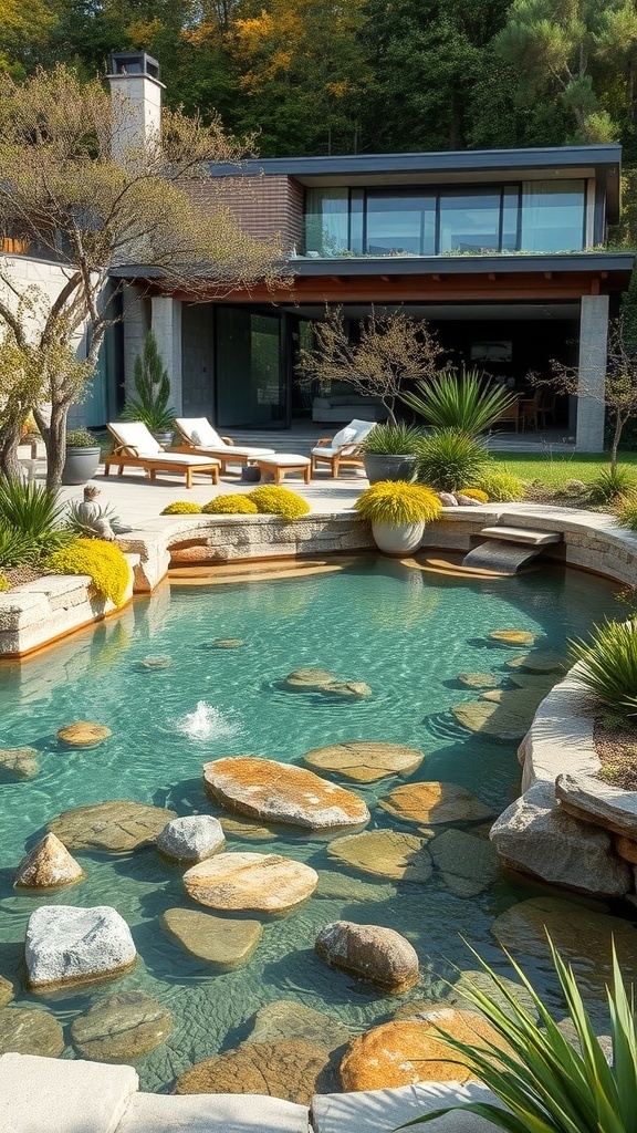 Ein schöner Naturpool mit Steinen und Pflanzen, umgeben von einem modernen Haus.