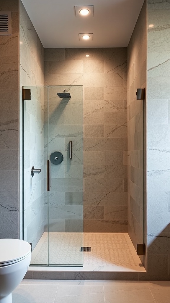 Moderne Dusche mit Natursteinwänden und Glasfront