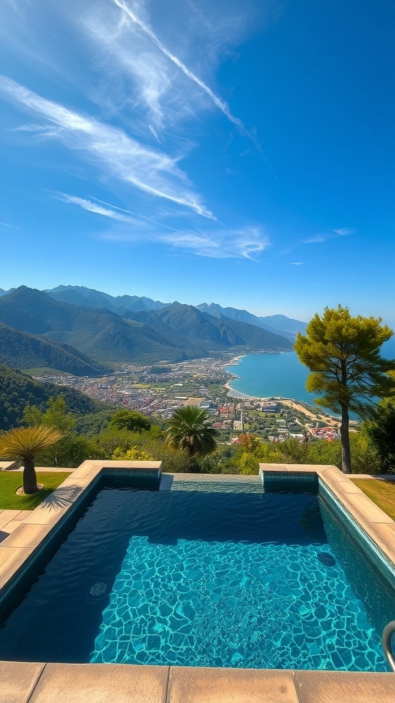 Naturstein-Pool mit Blick auf die Berge und das Meer