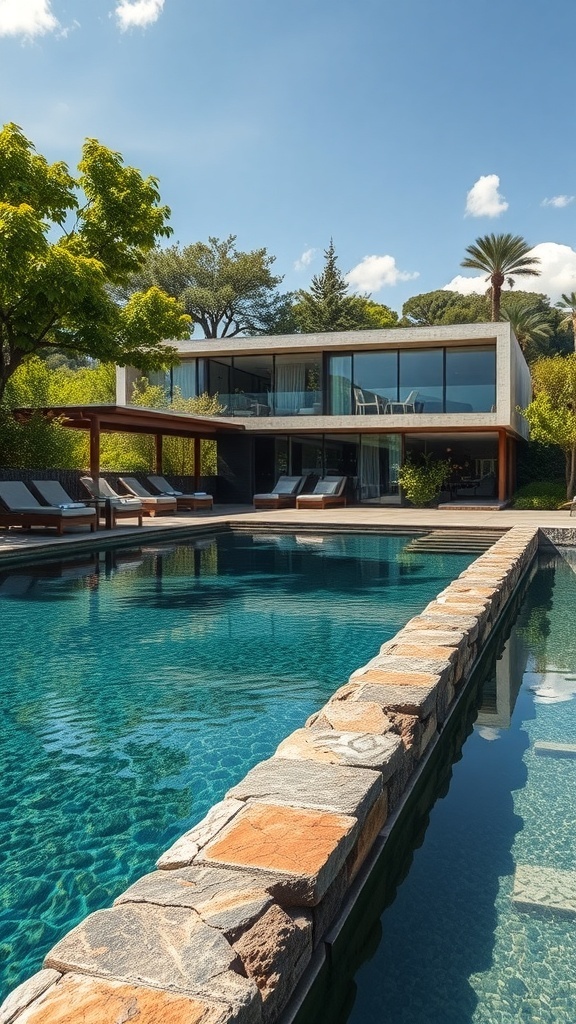Ein moderner Pool mit Natursteinrand und grüner Umgebung.