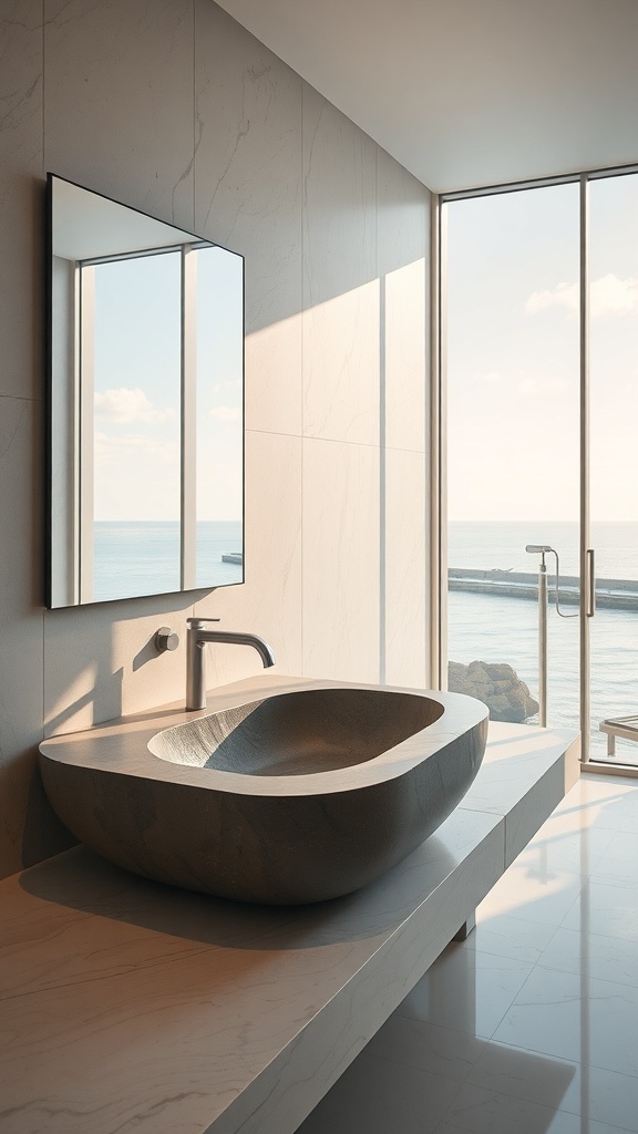 Ein modernes Badezimmer mit einem Naturstein-Waschtisch und Blick auf das Wasser