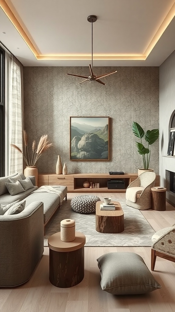 Ein modernes Wohnzimmer mit Naturstein und Holzmöbeln in Erdtönen