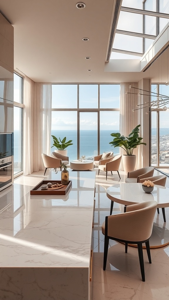 Modernes Wohnzimmer mit Marmortisch und Meerblick