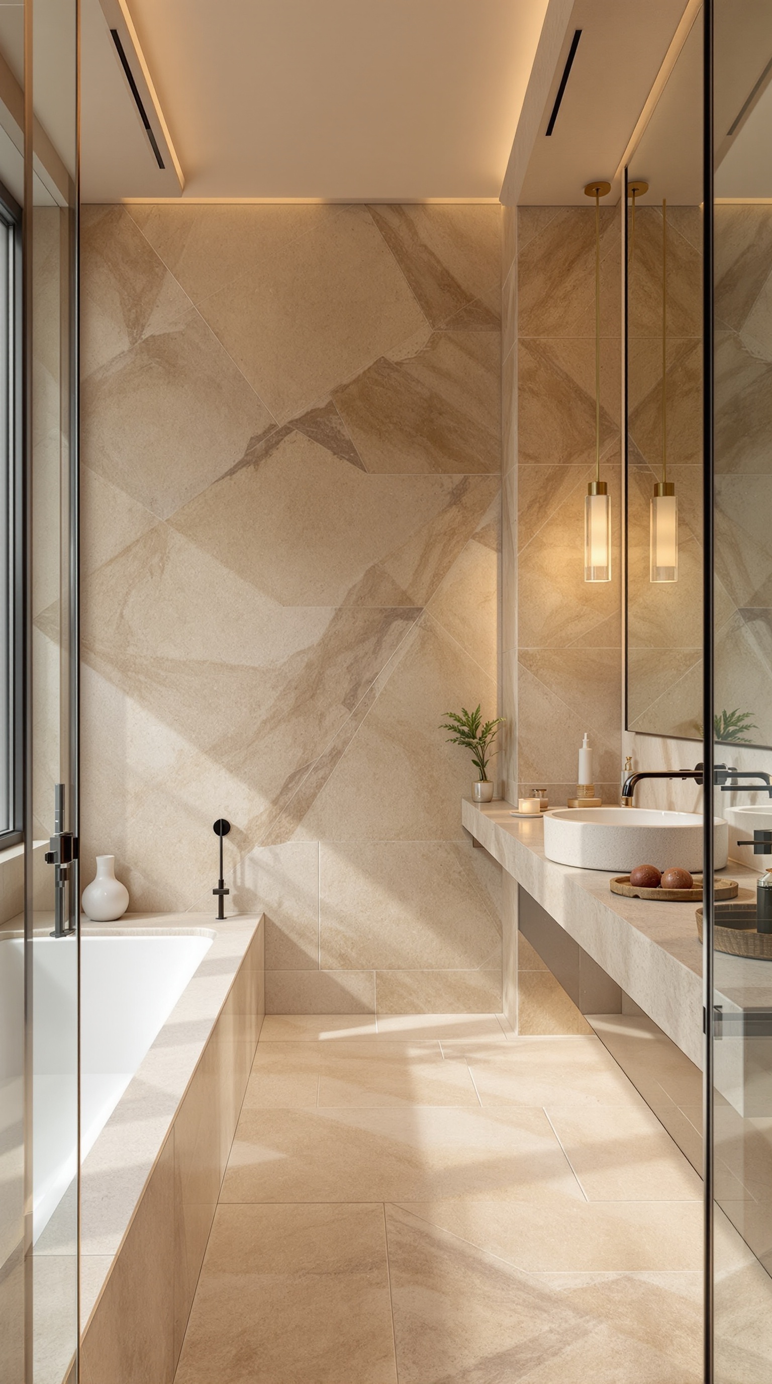 Ein modernes Badezimmer mit Natursteinen, einer freistehenden Badewanne und einem großen Fenster.