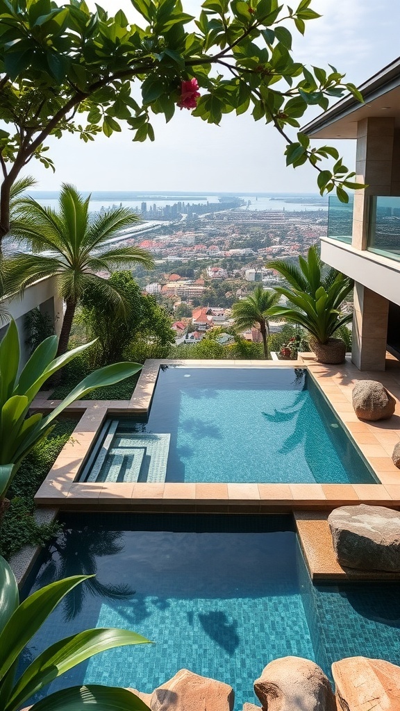 Ein Eco-Pool mit Blick auf die Stadt, umgeben von Pflanzen und Steinen.