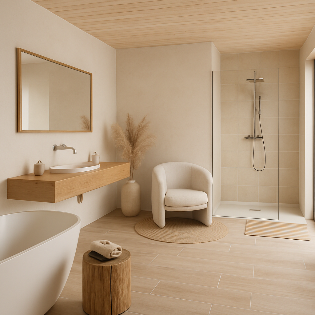 Ein modernes Badezimmer mit Holz, einer Walk-In-Dusche und einem bequemen Sessel.