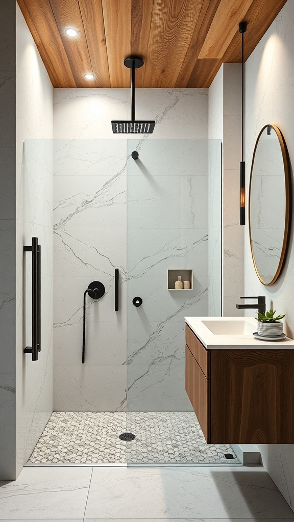 Moderne Walk-In-Dusche mit Holzdecke und Marmorfliesen