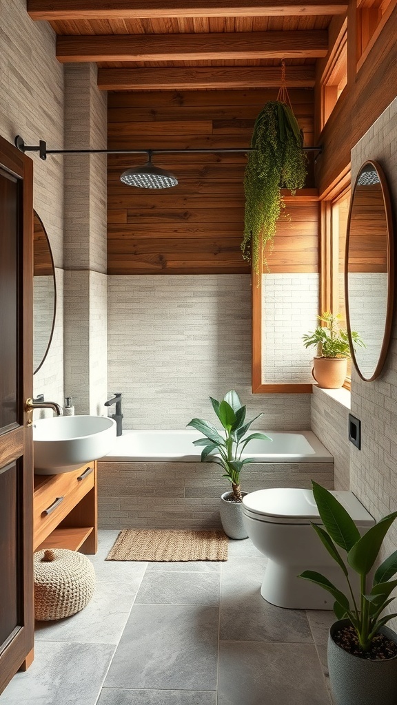 Luxuriöses Badezimmer mit Holz- und Steinmaterialien, großen Fenstern und Pflanzen