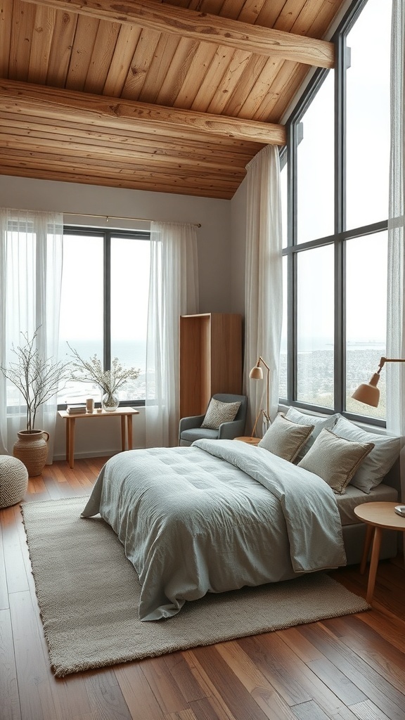 Ein minimalistisches Schlafzimmer mit Holzelementen, sanften Farben und Pflanzen.