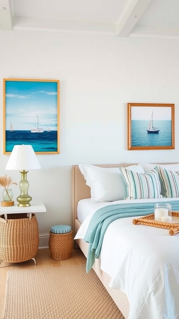 A cozy bedroom featuring nautical-inspired textiles with soft blue and white colors.