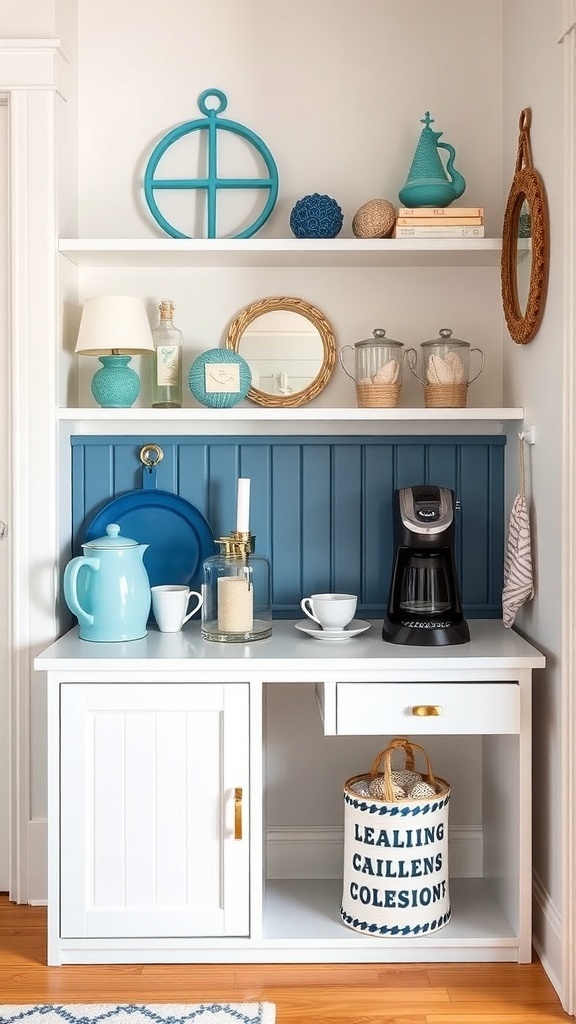 Nautical-themed coffee corner with blue and white decor, including an anchor, vases, and a coffee maker.