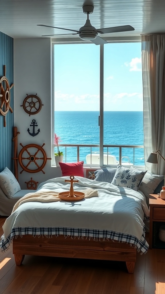 A cozy bedroom with nautical decor, featuring ship wheels on the walls, an ocean view, and a warm color palette.