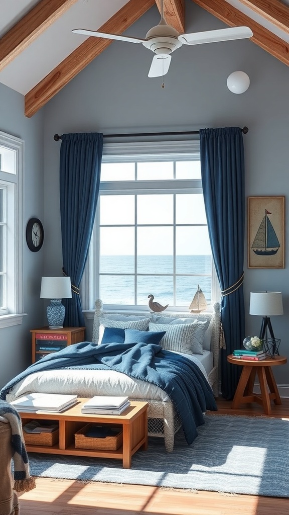 A bright nautical-themed bedroom with ocean view, featuring a cozy bed, blue curtains, and wooden accents.
