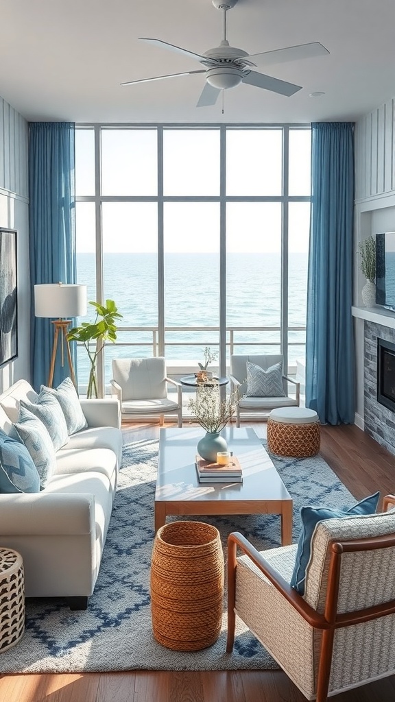 A bright and airy living room with a nautical color palette featuring soft blues and whites, large windows with a sea view, and stylish furniture.