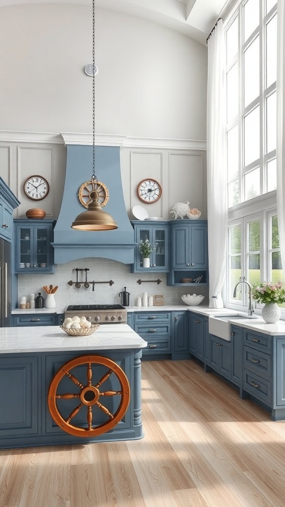 A nautical-themed kitchen featuring blue cabinetry, a ship's wheel design on the island, and large windows for natural light.