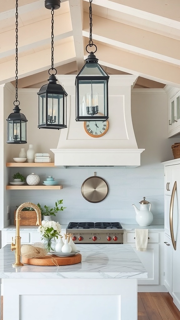 A bright kitchen featuring nautical lantern-style lighting fixtures hanging from the ceiling.