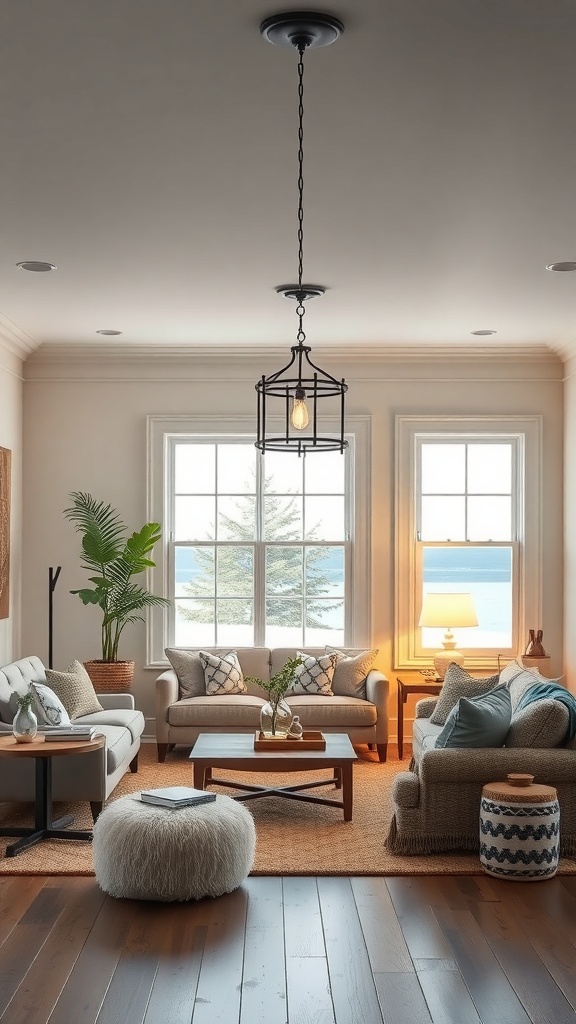 A cozy living room featuring a nautical pendant light, soft furnishings, and ocean views.