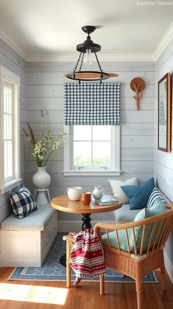 Cozy coffee nook with nautical theme featuring blue hues, light wood paneling, round table, wicker chair, and decorative elements.