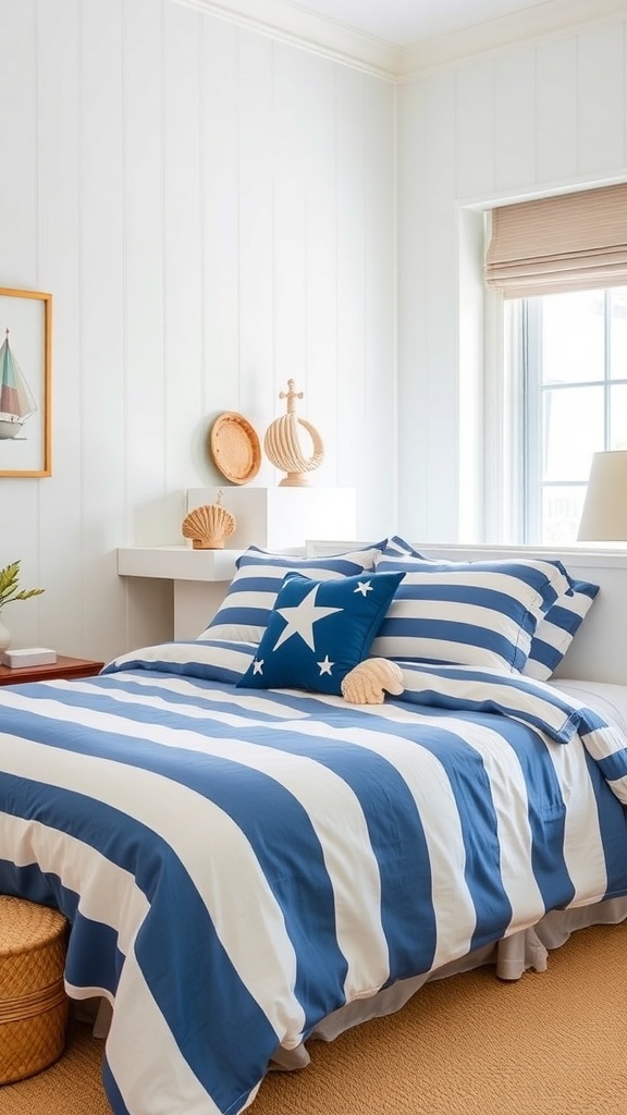 A cozy bedroom featuring nautical-themed bedding with blue and white stripes, complemented by seashell decorations and light-colored walls.