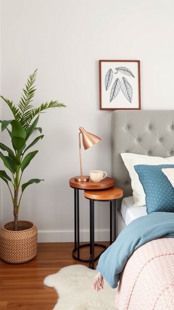 A cozy bedroom featuring a bed with white bedding and two nesting tables, one black and one white, beside it.