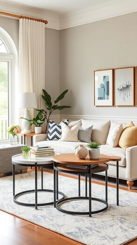 Cozy living room featuring nesting tables with wooden tops and metal bases.