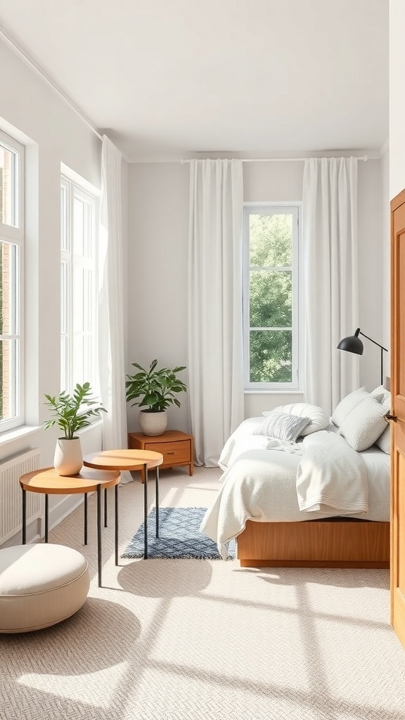 A cozy bedroom with nesting tables beside the bed, featuring a plant and a lamp.