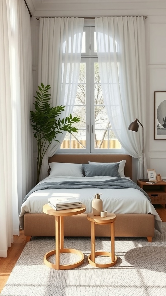 Cozy bedroom featuring a bed with light bedding and two wooden nesting tables beside it.
