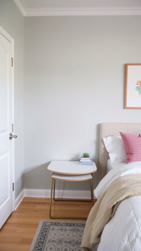 A modern nesting table beside a bed in a small bedroom, featuring books and a plant on top.