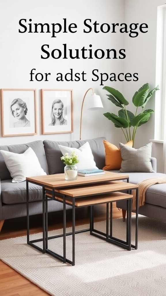 Nesting tables in a cozy living room setting with a couch and decorative elements.