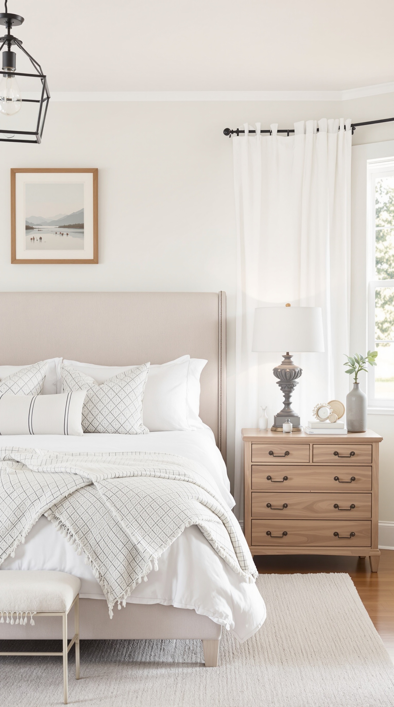 A cozy farmhouse bedroom featuring a neutral color palette with soft beige and cream tones, wooden furniture, and natural light.