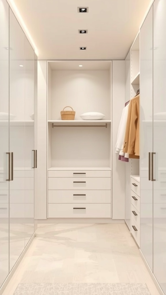 Minimalist walk-in closet with neutral colors and organized storage