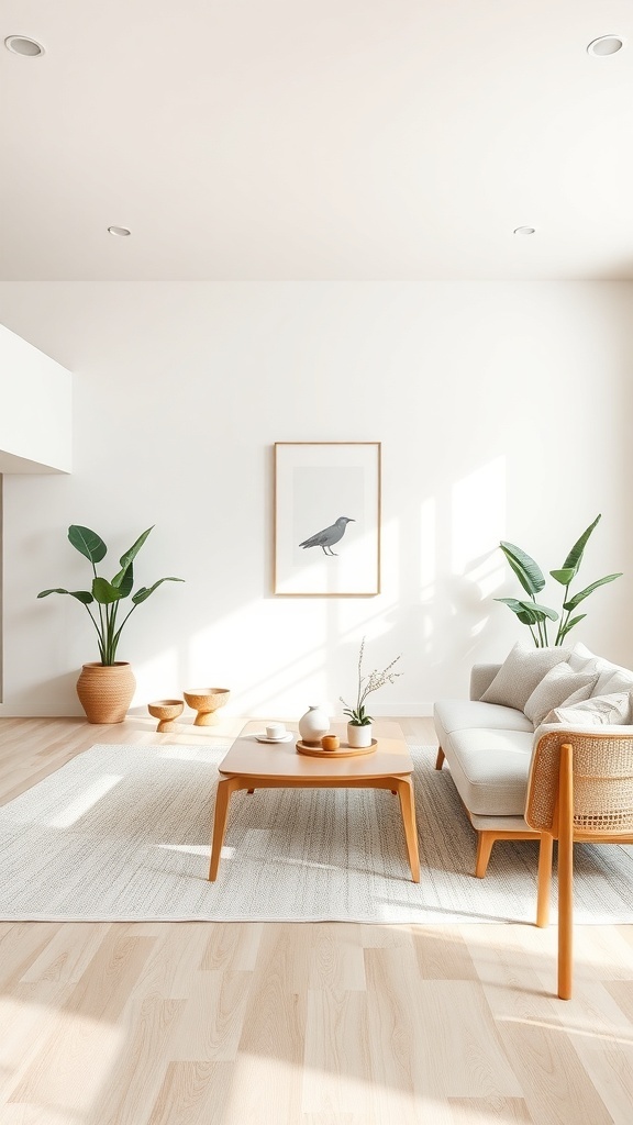 A serene Japandi living room featuring a neutral color palette with light wood flooring, minimalist furniture, and potted plants.