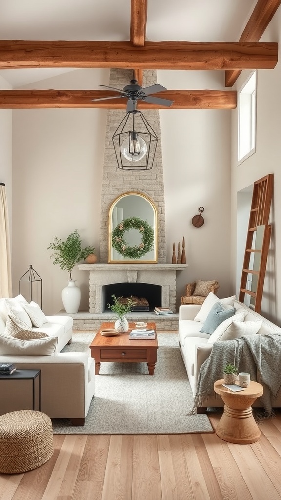 A minimalist rustic living room featuring a neutral color palette with wooden beams, a stone fireplace, and cozy furniture.
