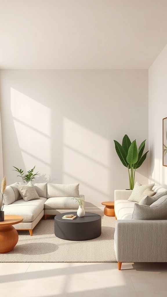 A minimalist living room with neutral colors, featuring a cozy sofa, round coffee table, and potted plants.